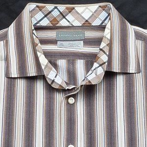 Thomas Dean  Brown Striped Shirt Button-Up Plaid Flip-Cuff Men’s Size 2XL XXL